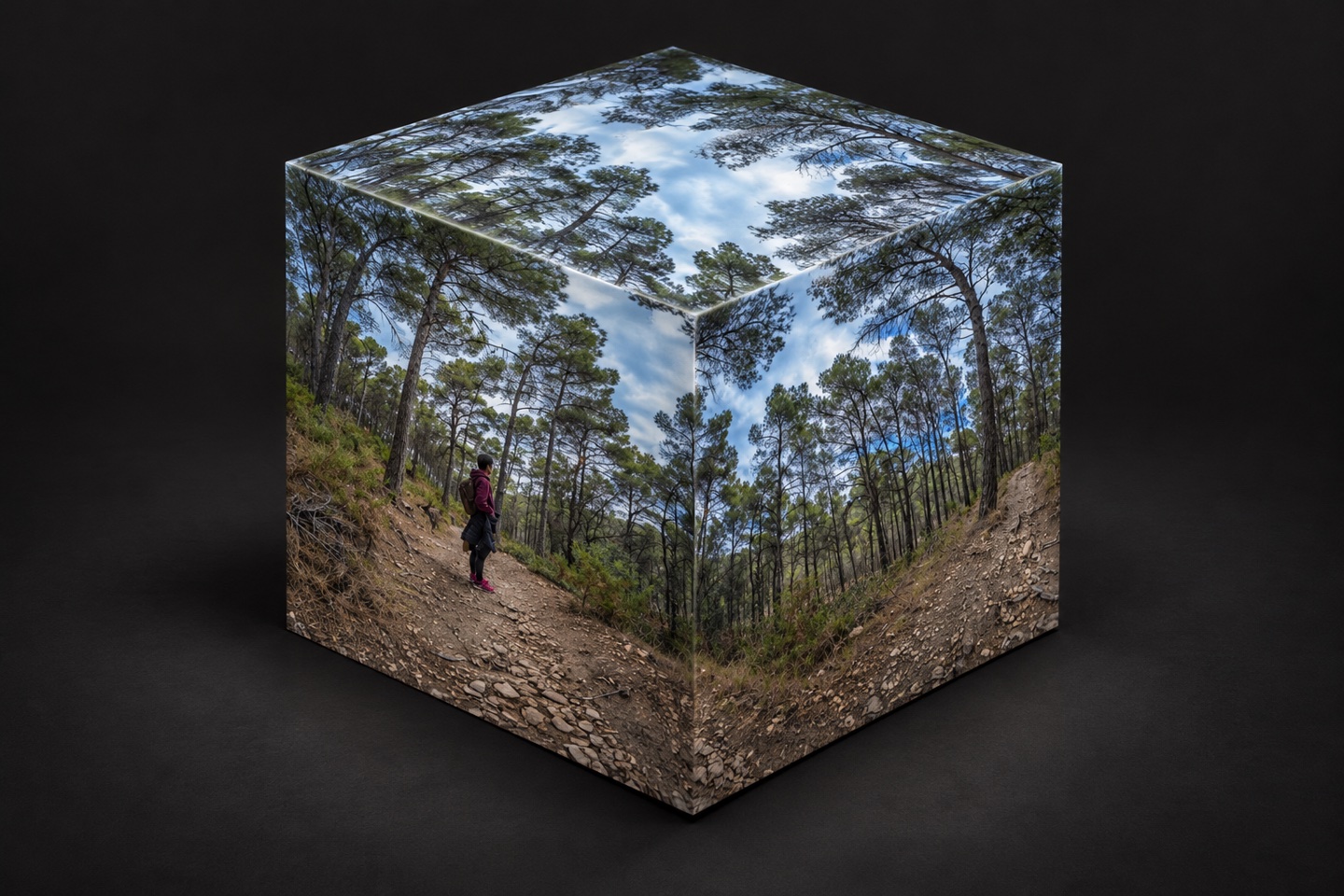 Ilustración de un cubo cuyas caras están envueltas por una fotografía de un bosque